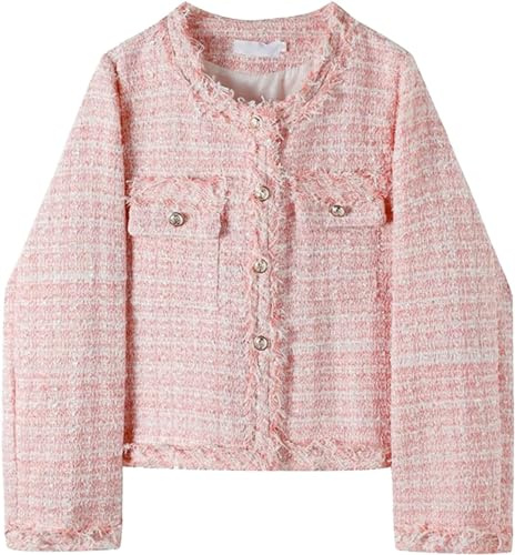 Goolecrimp Damen Tweed Blazer Frühling und Herbst Check Mode Klassische Rosa Karierte Jacke Arbeit Business Casual Gestrickte Quaste Knopf Blazer (Pink,XL)