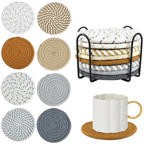 Dessous De Verre 8 Pièces sous Verre Rond Antidérapant Dessous De Verre Feutre,Boisson Dessous sous Lavabledessous De Verres,Vec Support en Métal, pour Boissons, Tasses, Bar(11cm)