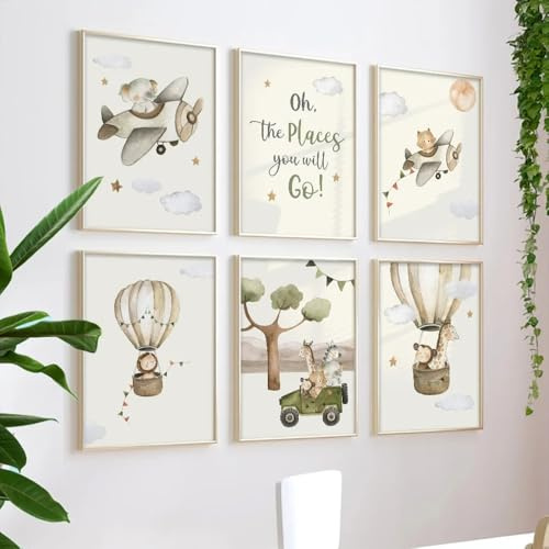 6 Bilder Waldtiere Kinder Boho Beige Poster Babyzimmer Junge Wandbilder Safari Kinderzimmer Löwe Elefant Giraffe Zebra Affe Wandposter Kinder Zitate Ballon Bilderwand Leinwand 21x30 ohne Rahmen