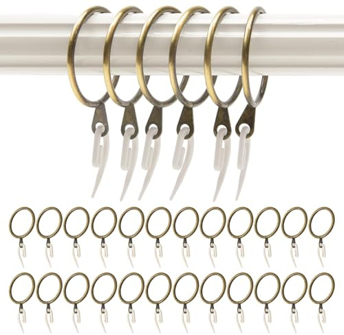 24 Pack Brass Curtain Rings and Hooks, 30mm Internal Diameter | Metal Curtain Rings Hanging Hooks for Curtain Poles and Rods, Drapery, Shower Hanging