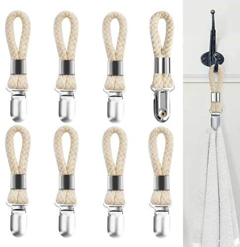 Sturdy Hanging Clips Tea Towel Holders, 8 PCS Towel Clips, Metal Tea Towel Hooks with Woven Cotton Hanging Tea Towels Clip for Home Kitchen Bathroom Cupboards Cloth Hanger Holder Loop