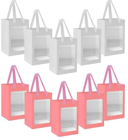 Papiertüten Rosa und Weiß 10 Stück Geschenktüten mit Klarem Fenster TUIOLUI Kleine Papiertüten mit Henkel Tüten für Einkaufen, Hochzeiten, Verpackungen, Geburtstag, Weihnachten 18X13X25 cm