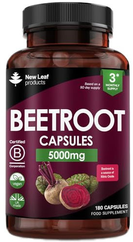 Beetroot Capsules 5100mg - High Strength Beetroot Supplement 180 Vegan Capsules - Nitric Oxide - Enriched with Black Pepper Made in The UK by New Leaf