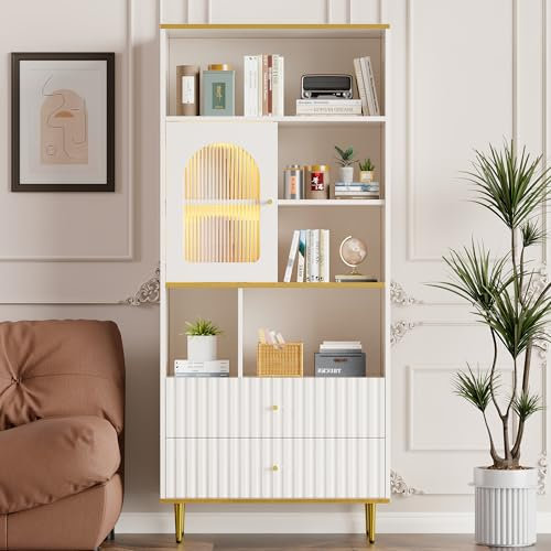 Witimisy Weißes Bücherregal,Glasfronten,mit LED-beleuchteten Vitrinen,5 offenen Fächern und 2 Schubladen,Flexible und verstellbare Fachböden,78X36X190CM