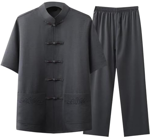 Cambkatl Men's Tang Suit Chinese Traditional Clothes Mandarin Collar Kung Fu Shirts Uniform Short Sleeve Tai Chi Outfit