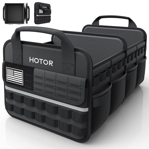 HOTOR Tactical Car Trunk Organizer - Foldable Trunk Organizer for SUV with Front MOLLE Pocket & Reflective Strips, Essential Car Accessories for Tools & Outdoor Storage, 12.8 x 21.7 x 11.0, Black