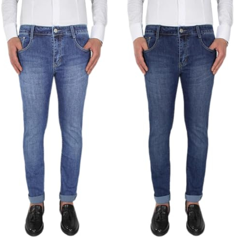 VEQUÈ Set 2 Pezzi Jeans Uomo Regular Fit Pantaloni Comodi 5 Tasche Cotone Leggero Elasticizzato Traspirante Pantalone Grigio Nero Blu Chiaro (IT, Numero, 46, Regular, Regular, Blu Chiaro+Blu Scuro)