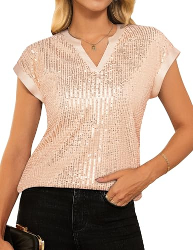 GRACE KARIN Damen Pailletten Bluse Elegant V Ausschnitt Kurzarm Glitzer Top