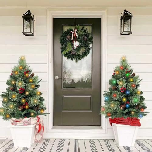 QIANF 2 Pack Pre-lit Artificial Christmas Trees with Multi-Color Lights, Timer, 30 Inch Battery Operated Lighted Porch Christmas Trees Outdoor Holiday Decorations for Entrance Pathway Front Door Yard