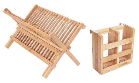 STOBAZA Wooden Dish Drying Shelf Bamboo Draining Rack Kitchen Tabletop Holder for Plates Bowls Cups Home Dinnerware Storage
