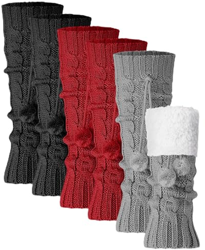 Chicingyou 3 Pairs Winter Fleece Lined Leg Warmers for Kids Girls Knitted Long Leg Warmers Cute Boot Socks for Xmas Gift(Black, Dark Gray, Dark Red)