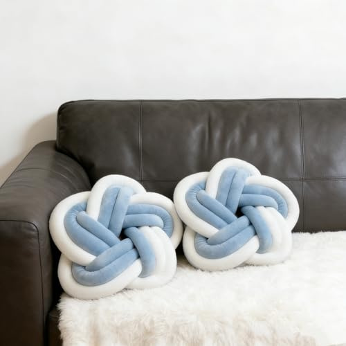 YLBKIKR 2Pcs Knot Pillow Ball，Soft Home Decorative Round Throw Pillow，Handmade Knotted Plush Pillow，Star-Shaped Round Boucle Pillow Cushion (Blue)