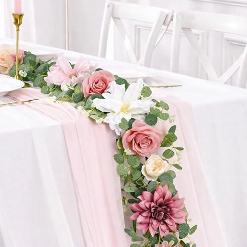 6ft Flower Garland with Lights, Pink Rose Floral Garland with 3M String Lights, Artificial Eucalyptus Greenery Vines with Flowers for Anniversary Table Decor Wedding Table Party Backdrop Room Decor