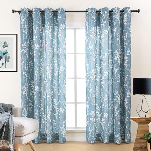 L.Z.E Vorhänge Gardinen Blau, Sichtschutz 70%-80% Lichtdurchlässig Gardine Vorhang für Wohnzimmer Schlafzimmer Küche, Dünne Bedruckt Gardinenschal mit Ösen, 2er Set Ösenvorhang, 145 cm Länge Kurz