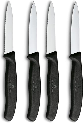 Victorinox Swiss Classic Coltello per verdure e spelucchini, per frutta e verdura, Extra affilato, dritto e seghettato, Acciaio inox, Nero (Confezione da 2)