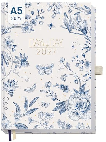 Häfft® Organizer Day by Day Buchkalender 2027 A5 Fine Style | 1 Tag 1 Seite, Tagesplaner Kalender, Hardcover Tageskalender Terminkalender, Terminplaner mit Uhrzeiten, Tageszielen & mehr