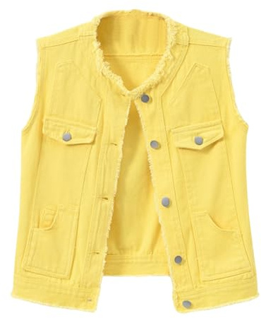 Dam jeansväst cropped slim fit ärmlös lätt bekväm snygg casual jacka ytterkläder 2026, GUL, S