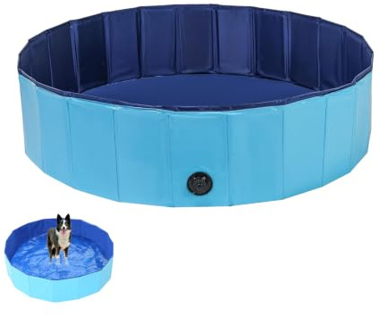 Pet Bathtub, foldable. Drain plug, non-slip. Dogs outdoor, blue, 80x20cm | Foldable pet bathtub, 80x20cm. Portable PVC with drain plug. Non-slip bottom. Outdoor garden wading pool for dogs. Blue.