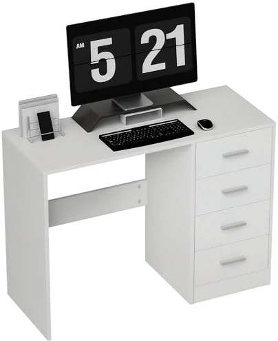 HOMCOM Computer Desk with Drawers, Dressing Table, High Gloss Home Office Writing Workstation, White