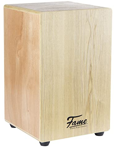 Fame Beginner Cajon, Einsteiger Cajon aus 7-lagigem Sperrholz, Drum Box mit abgerundeten Kanten, Schlagfläche aus Esche, Snare-System Gitarrensaiten