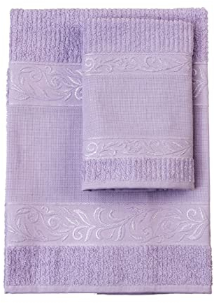 Filet - Set 2 Asciugamani da bagno in spugna con inserto in tela aida da ricamare | 60x105cm e 40x55cm | Viso e Ospite | Spugna di alta qualità | Made in Italy |Lilla