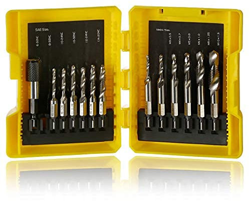 Kombi-Bohrer- und Gewindebohrer-Set, 3-in-1-Schraubengewindebohrer, Sechskantschaftbohrer zum Bohren, Gewindeschneiden, mit Schnellwechseladapter, 13 Stück SAE/metrisch