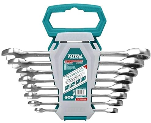 TOTAL - Juego de 8 Llaves Combinadas de Carraca | Múltiples Tamaños | Herramienta para Aflojar Tuercas y Tornillos de Cabeza Hexagonal | Cromo Molibdeno