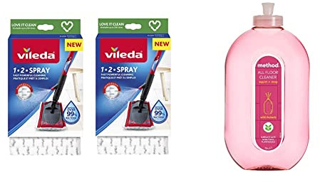 Vileda 1-2 Spray Microfibre Pads Refill Mop Head Replacement Set for Vileda Ultramax and Spray Mops Refills, (Pack of 2) & Method Floor Cleaner, Wild Rhubarb, 739 ml