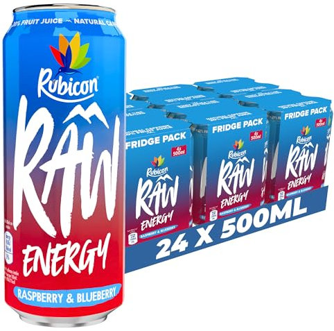 Rubicon RAW 24 Pack Raspberry & Blueberry Energy Drink, 20% Fruit Juice, High caffeine with B-Vitamins, Ginseng & Guarana, Reduce Tiredness & Boost Energy - 24 x 500ml Cans
