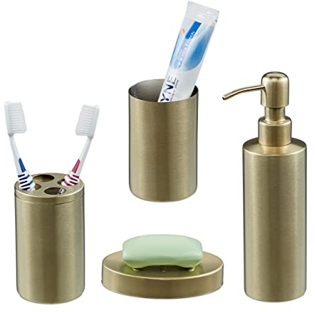 Relaxdays Badezimmer Set, 4-teilig, Badaccessoires Edelstahl gebürstet, komplette Badezimmerausstattung, modern, Gold