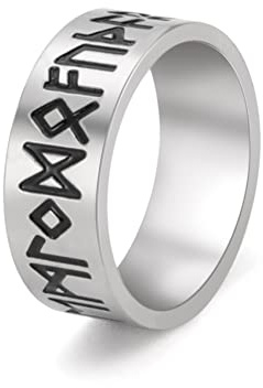 Dreamtimes Ring aus Edelstahl mit älteren Futhark-Runen, nordische Mythologie, Asgard, nordische Wikinger, religiöse Ringe, Amulett, Talisman-Schmuck