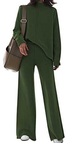 TOLENY 2-teiliges Lounge-Set für Damen, Pullover und Hose mit weitem Bein, Trainingsanzug Outfits, Dunkelgrün, L