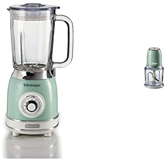 Ariete 583 Frullatore Vntage, Stile Retrò, 1000 W, Capacità 1,5 L, 4 lame in acciaio inox, 4 velocità, Funzone tritaghiaccio, Verde & Tritatutto Vintage, 2 Velocità, 400W, Verde