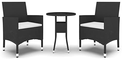 vidaXL Bistro Set 3-TLG., Balkonset mit Kissen, Sitzgruppe für Garten Terrasse, Gartenmöbel Gartengarnitur, Schwarz Poly Rattan Hartglas