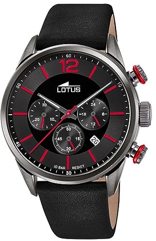 LOTUS Reloj Hombre Analógico de Cuero Negro | Movimiento de Cuarzo, Cronógrafo, Calendario, Cristal Mineral de Alta Resistencia, Resistente al Agua 10 ATM 18687/6 Chrono