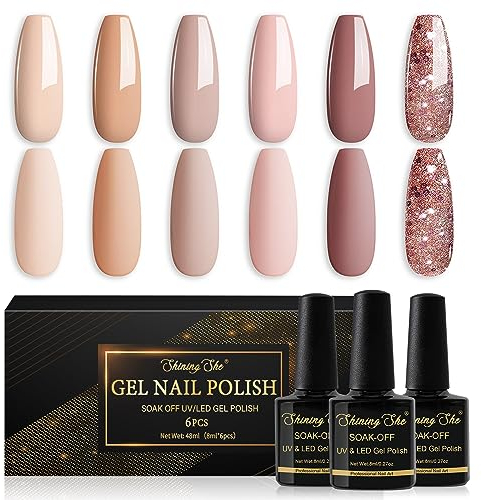 Shining She UV Nagellack Nude, 6 Farben Nude Rosa Braun Beige Glitzer UV Nagellack Set, Soak-Off UV Gel nagellack Nudetöne Schellack Set für Starter Nail Art Salon DIY Home, 8ML