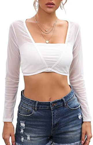 Buliezy 3/4 ärm spets cardigan för kvinnor, chic tops, sexig spetsfoder, för klänningar, bröllop, strandkläder, badkläder, Vitt nät, XL