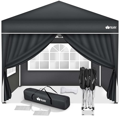 tillvex® Pavillon 3x3m Wasserdicht mit 4 Seitenteilen & 4er Set Sandsäcke | Pop-Up Faltpavillon Stabil & Winterfest | Gartenzelt Höhenverstellbar UV 50+ | Partyzelt mit Tasche Garten Camping Festival