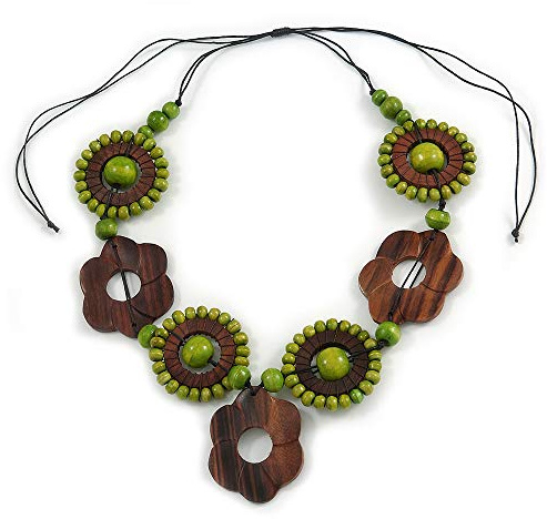 Avalaya Collana in corda nera con motivo floreale verde lime/marrone, lunghezza 60 cm, regolabile