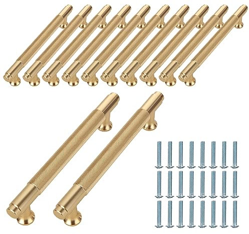 VIDETOL 12 Pcs Gold Cabinet Handles, 160mm Total Length Kitchen Drawer Handles, Gold Door Handle Furniture Handle for Kitchen Cupboards and Chest of Drawers, 128 mm Hole Spacing Length
