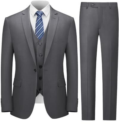 Cooper & Nelson Men's Suit Slim Fit, 3 Piece Suits for Men, One Button Jacket Vest Pants with Tie, Tuxedo Set Dark Grey S