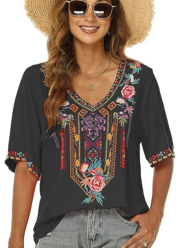 drakloak Chemisier d'été pour Femme，Tunique brodée Indienne pour Femme，Broderie Folklore Tops，Boho Hippie Manches Courtes（443 BK 2XL）