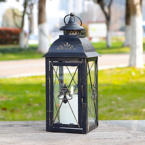 TRIROCKS Decorative Hanging Lantern 34 cm High Vintage Metal Candle Holder with Tempered Glass Perfect for Living Room Garden Yard Patio Parties Events Indoors Outdoors (Black)