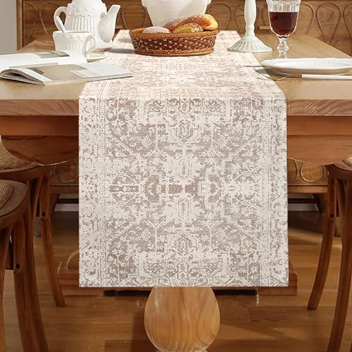 Chicamy Tischläufer Beige 33 x 183 cm Boho Tischläufer Vintage Landhausstil Abwaschbar Tischläufer Leinen Geometrie Türkischer Tischdecke Tischdekoration für Bauernhaus Tabletop Dekor