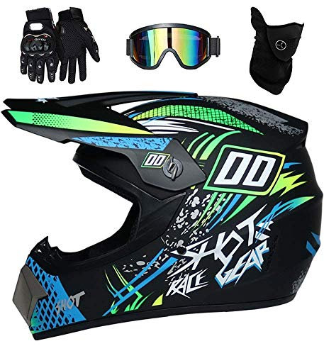 Adulto Casco da Motocross, con Guanti Occhiali Mascherina, Gioventù Ragazzo Integrale MTB Fuori Strada Moto Go Kart Incidente Casco, ATV MX Discesa Quadrato Bicicletta Sporca Gara di Enduro Casco (Co
