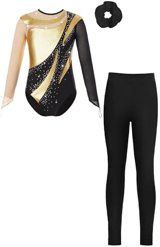 Alvivi Mädchen Turnanzug Langarm Gymnastikanzug mit Hose Haarband Patchwork Ballettanzug Trikotanzug Akrobatik Anzug Eislaufen Tanzkostüm Gold Schwarz 170-176