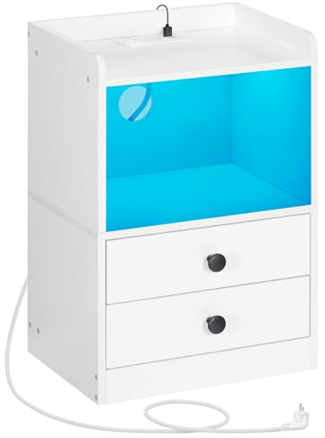 HOOBRO Nachttisch mit LED Streifen, Nachttisch mit Ladestation, Beistelltisch mit 2 Schubladen, Sofatisch für Schlafzimmer, Wohnzimmer, moderner Stil, Weiß EWT28CDBZ01