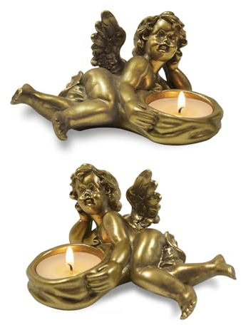 Gold Tea Light Candle Holders, Vintage Tealight Holders, Cherub Decor Angel Votives Candle Stick Holder, Set of 2