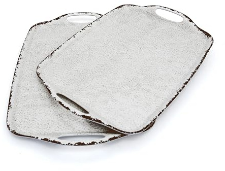 TP Serving Trays with Handles, 17 x 12 Inch Melamine Serving Platters for Food, Meat, Set of 2 Rectangular Trays for Eating, Rustic White