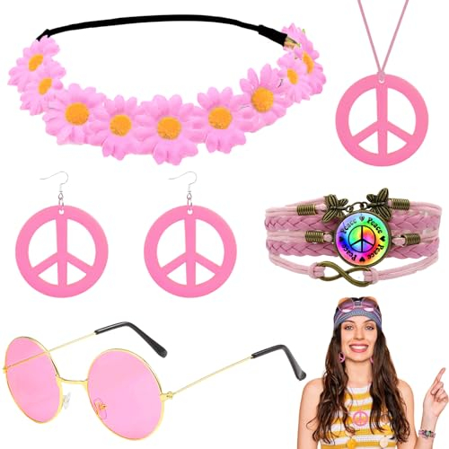 HEAWAA 5 Stück Hippie Accessoires, Hippie Kostüm Set mit Sonnenblumen-Stirnband Hippie Brille Armbänder Friedenszeichen Halskette Ohrring per Damen 60er 70er 80er Party Fasching Karneval(Rosa)